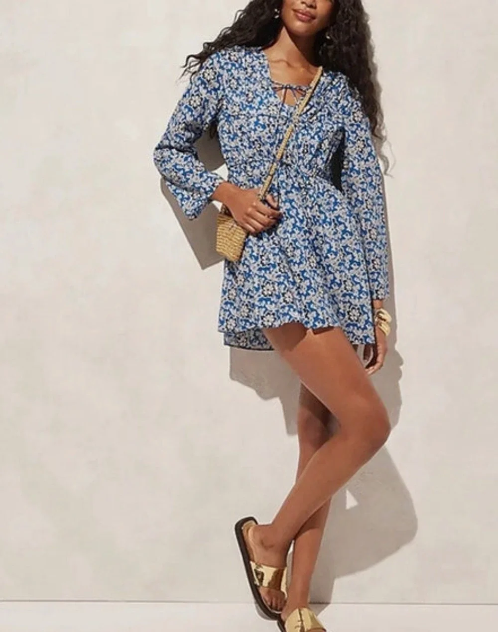 J.Crew Blue Floral Tie Front Mini Dress Beachy Cottagecore Large